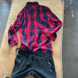 Checker Red Navy blue Pearls pockett detail Zara basics Button down shirt Casual